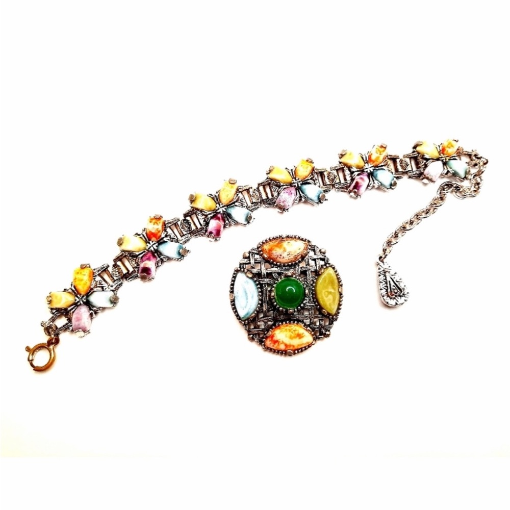 Vintage Miracle style multicolore stone brooch and bracelet set